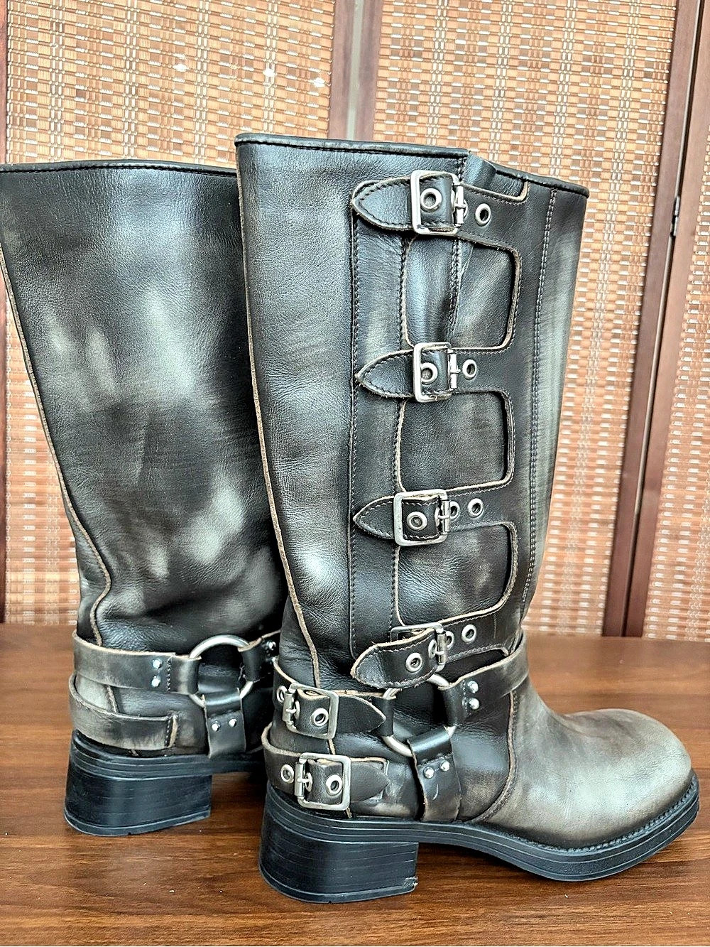 Steve Madden Brocks Leather Moto Boots Distressed Brown/Black US 10